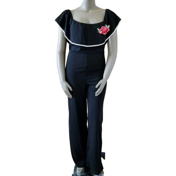 Off Shoulder Ruffled Flare Jumpsuit Womens 1X Black White Trim Rose Embroidered - Picture 1 of 12